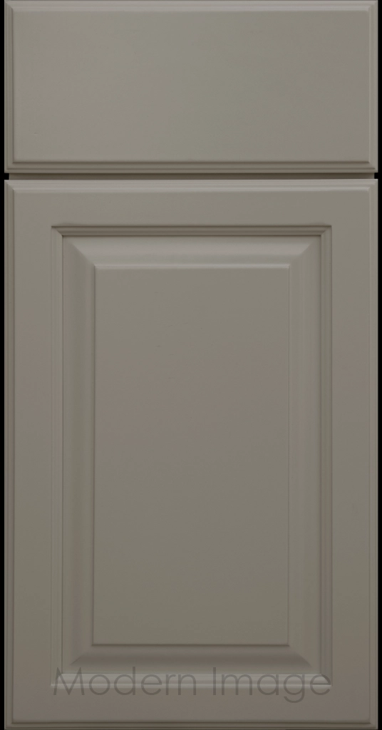 Hampton kitchen cabinets featuring raised panel doors and flat slab drawer fronts in a Wind matte color.